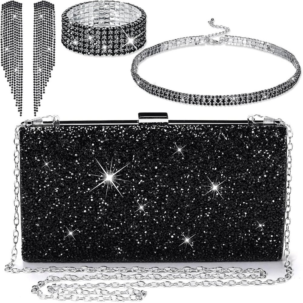 Luxury Black Rhinestone Clutch With Matching Jewelry - Perfect For Weddings
